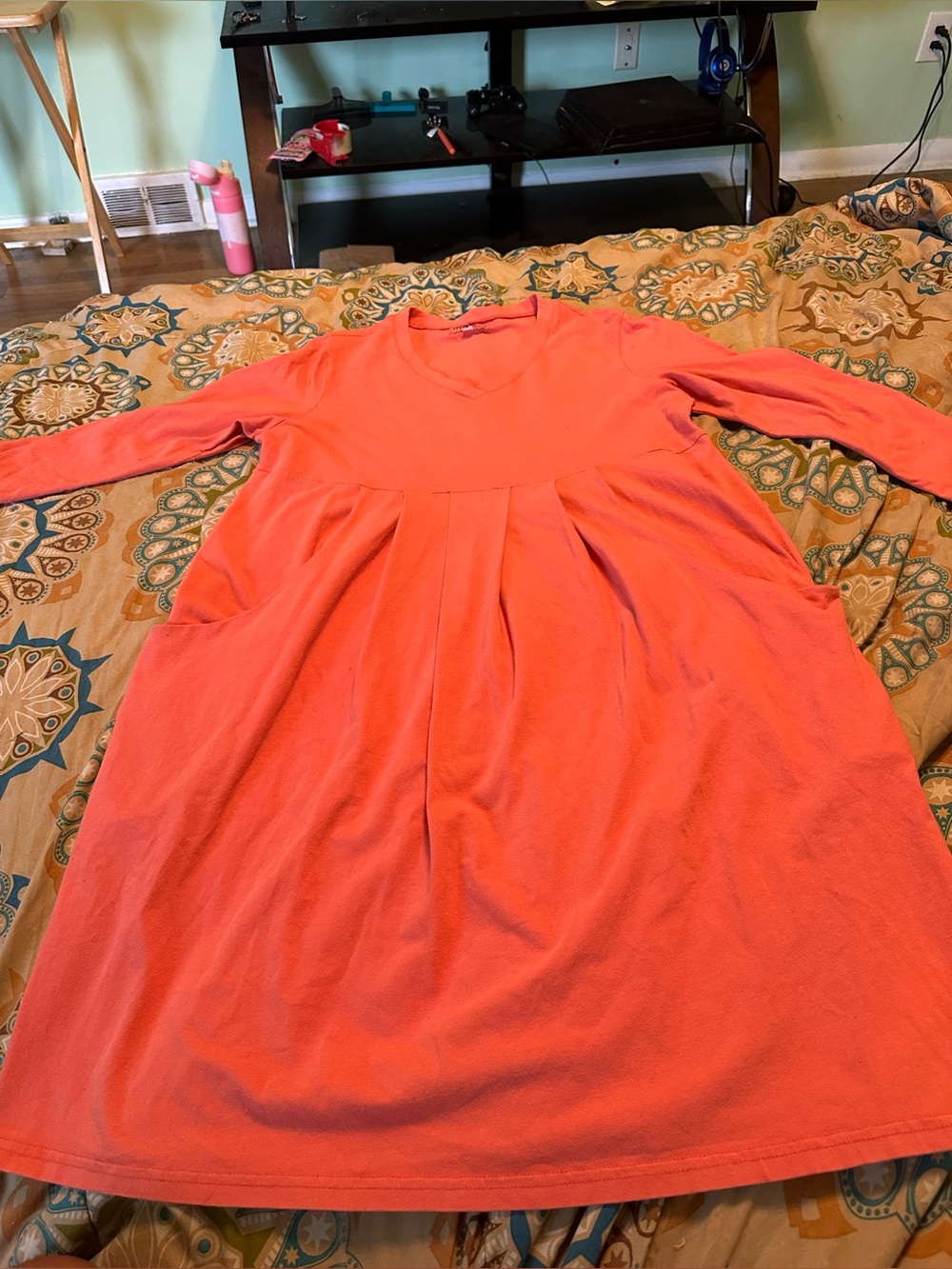 Coral Long-Sleeve Pleated Dress w/ Pockets